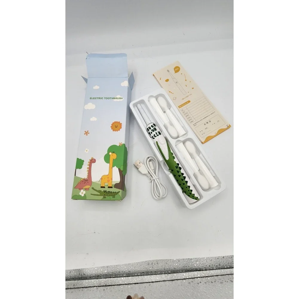 Kids Electric Toothbrush Set Green Crocodile Rechargeable with 2 Brush Heads USB